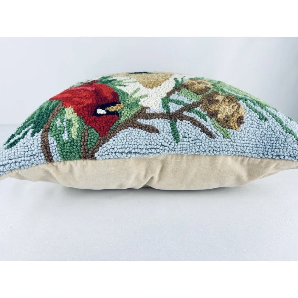 Winter Cardinal Bird House Hooked Wool Throw Pillow Cushion Holiday Christmas